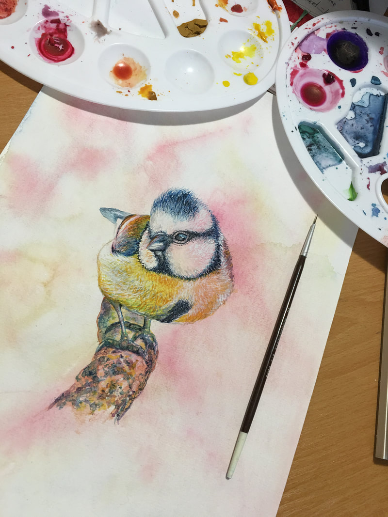 Watercolor bird with paint palettes — process shot