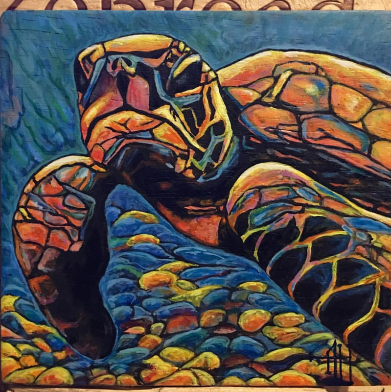 Sea turtle painting — rich blues and earth tones